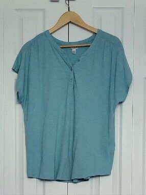⭐️3/$25⭐️ Black Bow Short Sleeve Heathered Blue Henley Women's Relaxed Top Sz XL